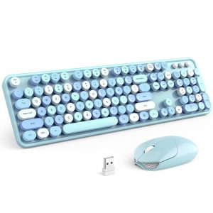 Colorful Blue Wireless Keyboard and Mouse Combo Set, 2.4GHz Retro Typewriter...