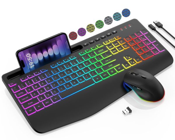 Wireless Keyboard and Mouse Combo, 9 Backlit Effects, Wrist Rest, KL3PRO - BLACK