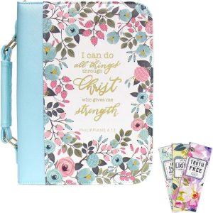 PU Leather Bible Cover Case and Floral Bookmarks Set with Lay-Flat Handle