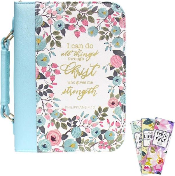PU Leather Bible Cover Case and Floral Bookmarks Set with Lay-Flat Handle