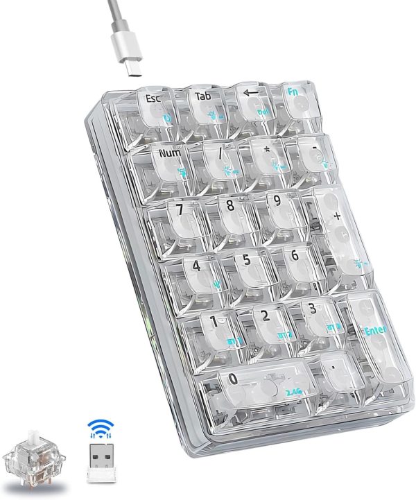 AULA 21 Key Tri-Mode Number Pad, Transparent Numpad Wireless, Hot Swappable Mech