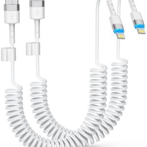 Coiled Fast Charging Cable, 2 Pack, 3 FT, USB A to iPhone Cord for Car, Apple