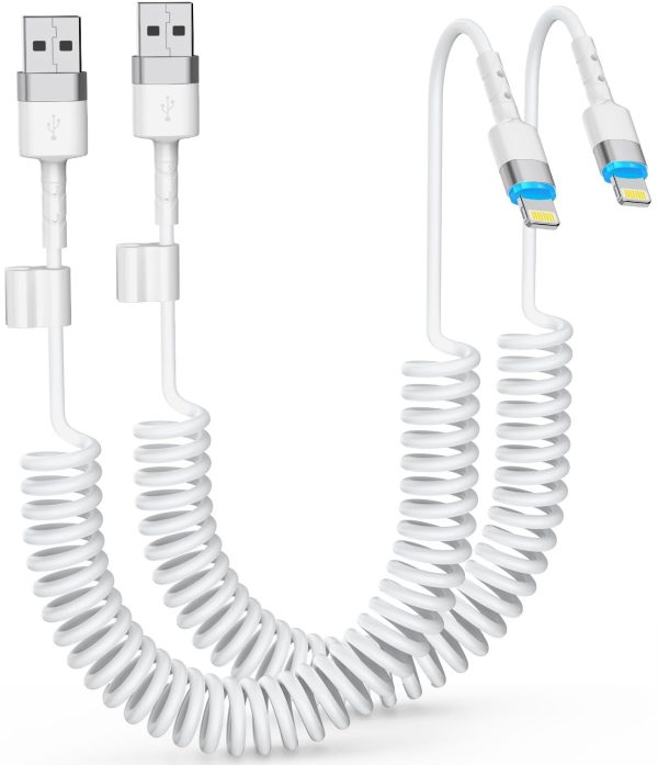 Coiled Fast Charging Cable, 2 Pack, 3 FT, USB A to iPhone Cord for Car, Apple